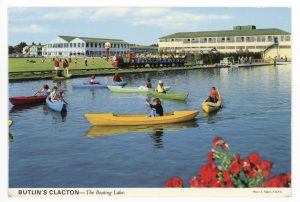 Postcard from Butlin's Holiday Camp showing holidaymakers enjoying The Boating Lake, Clacton, UK, 1970s
