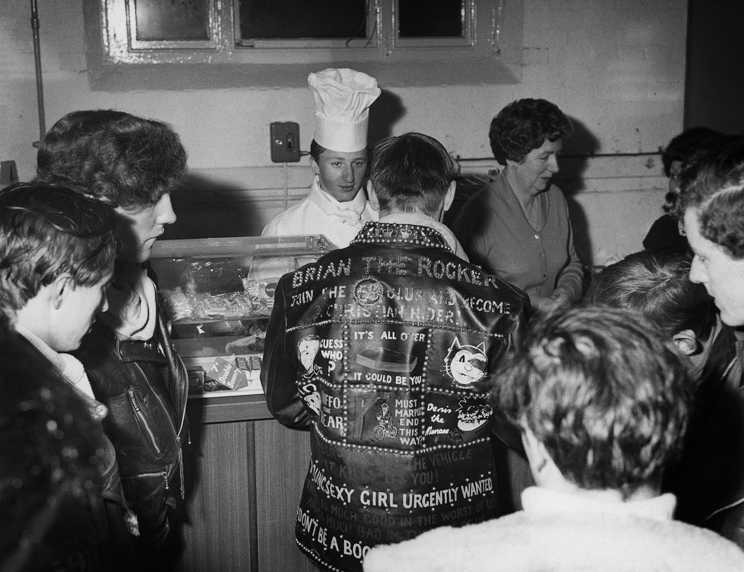 Group of biker youths at a snack bar, members of The 59 Club, London, UK, 1960s 59 Club Archive